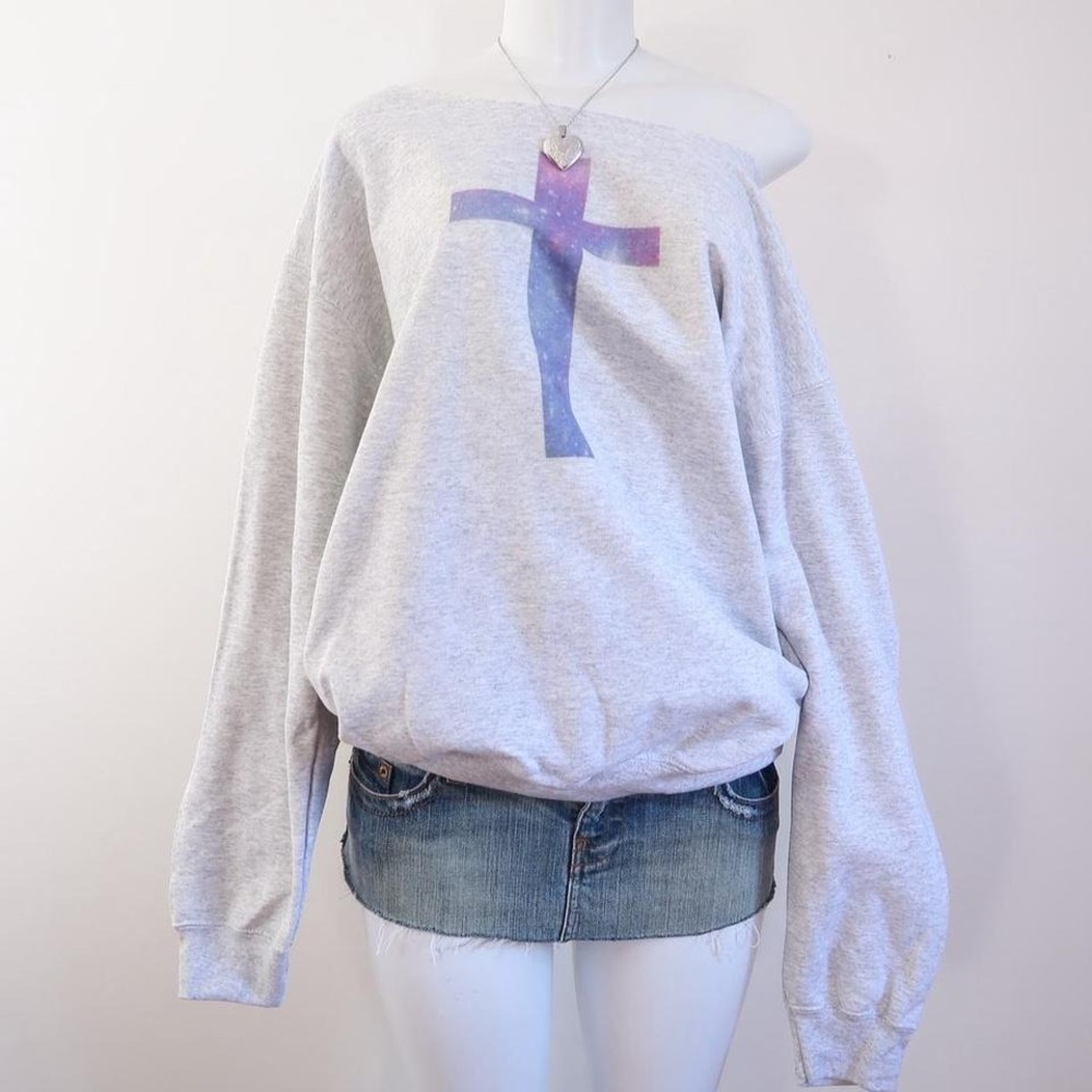 2010s galaxy‎ cross off shoulder sweatshirt grunge tumblr grey [L]